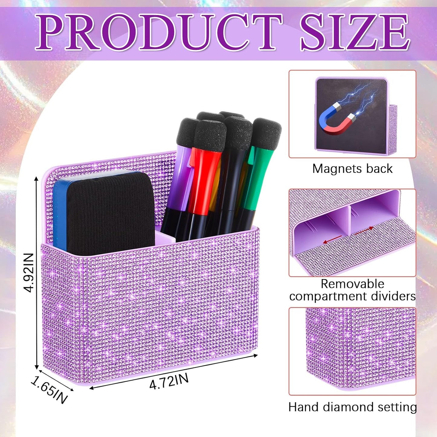 MotiMind Purple Locker Accessories for Girls, Bling Magnetic Pen Holder for Refrigerator, Back to School Rhinestone Marker Holder for Locker, Sparkly Gift for Student (Medium,Rhinestone)