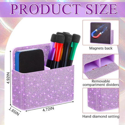 MotiMind Purple Locker Accessories for Girls, Bling Magnetic Pen Holder for Refrigerator, Back to School Rhinestone Marker Holder for Locker, Sparkly Gift for Student (Medium,Rhinestone)