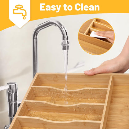 Expandable Bamboo Kitchen Drawer Organizer for Cutlery and Utensils, Adjustable Bamboo Wood Cutlery Tray in Drawer for Flatware and Silverware in Kitchen, (Natural)