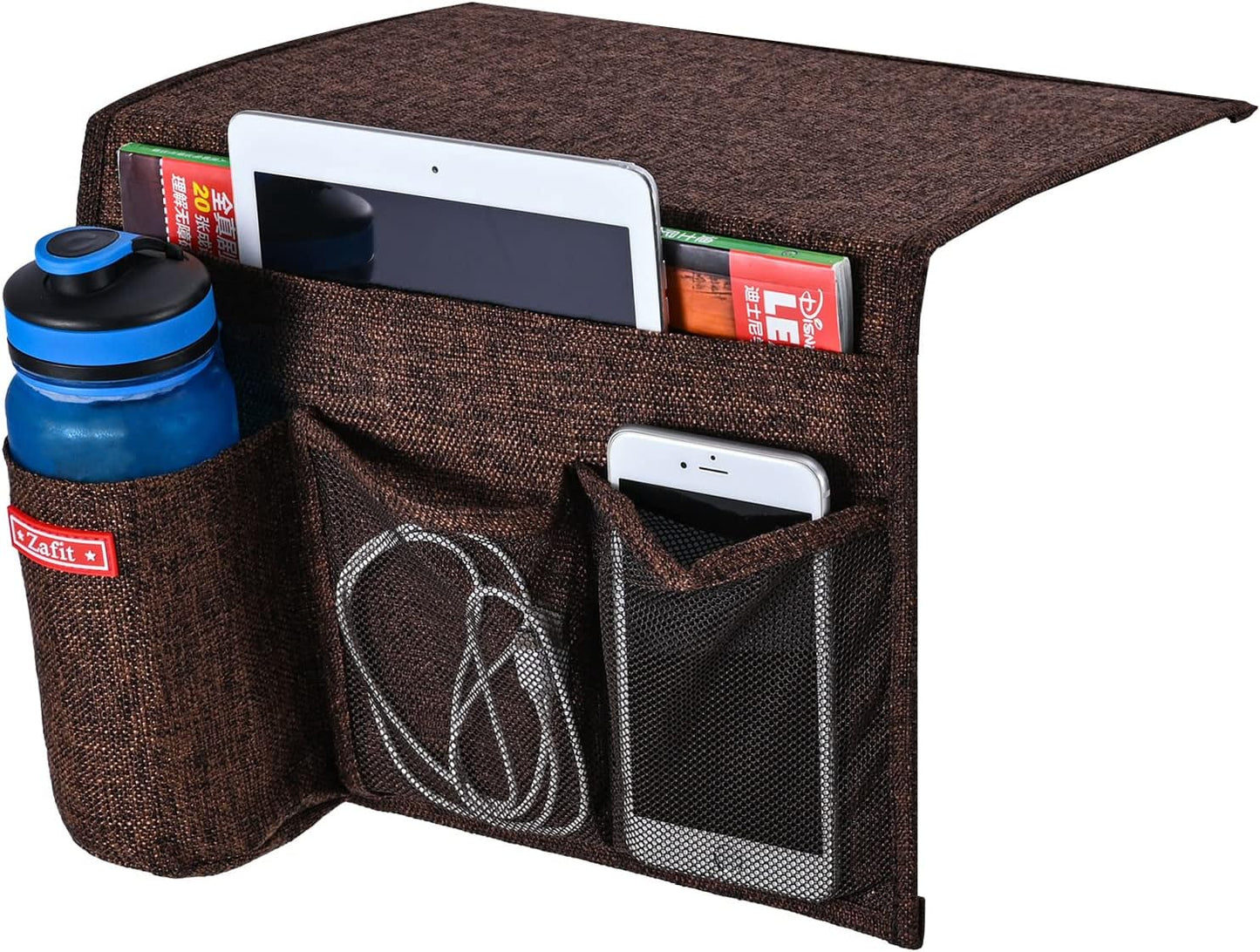 Zafit Linen 4 Pockets Bedside Caddy, Bedside Storage Organizer for Magazine, Remotes, Phone (Beige, Classic 4 Pockets)