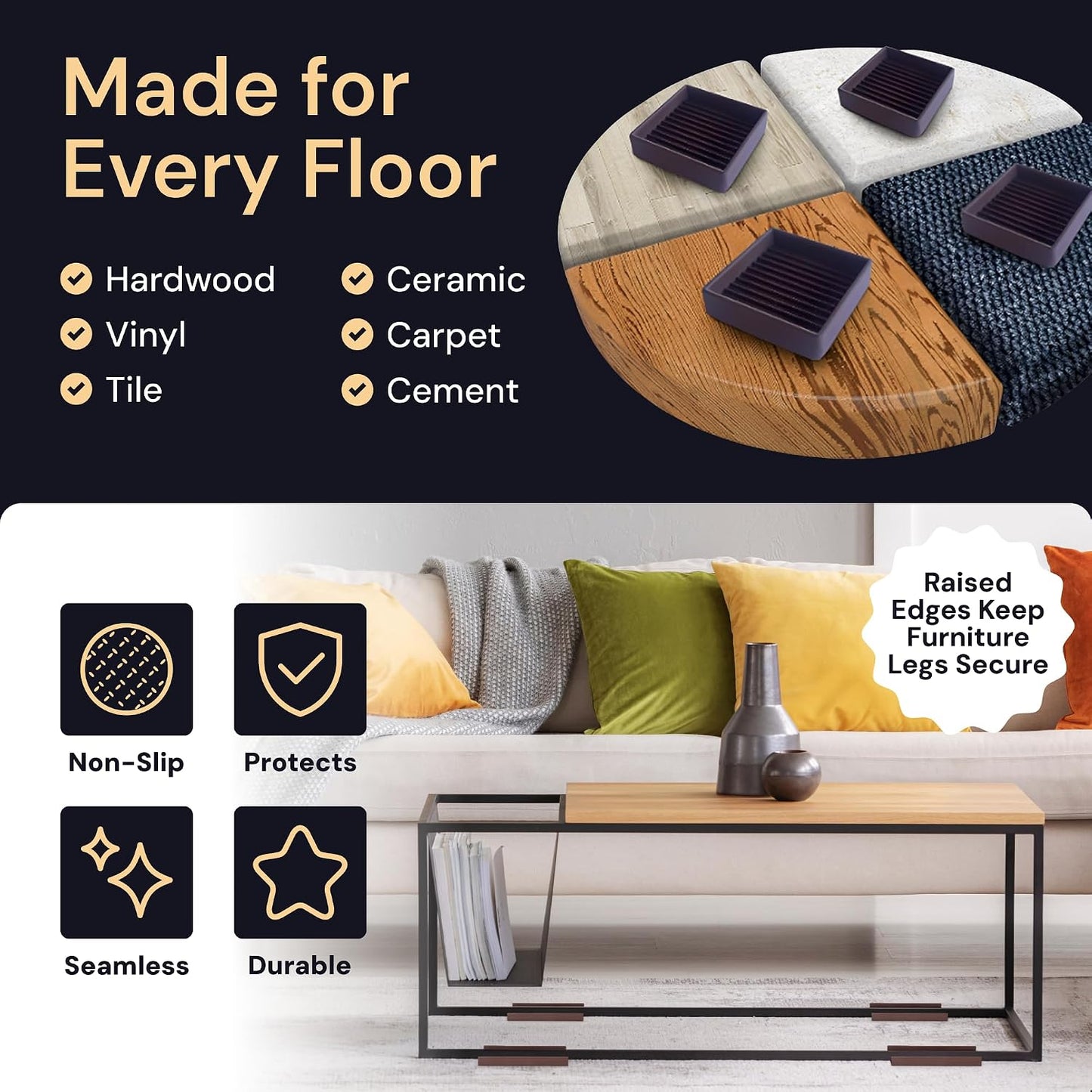Non-Slip Furniture Pads - 4x4 in Brown, 4 Pack | Square rubber caster cups - anti-skid - Use for heavy sofas, beds & chairs on hardwood floors
