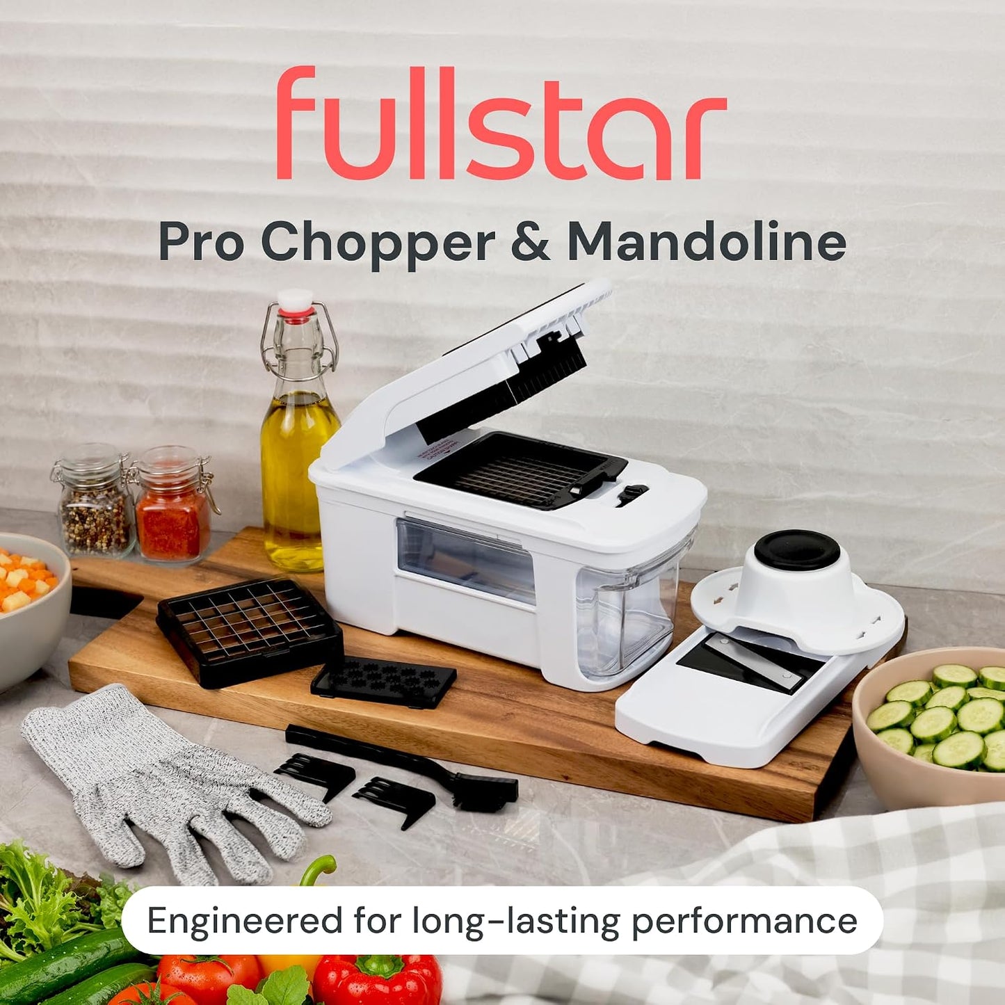 Fullstar Pro XL Vegetable Chopper & Mandoline Slicer w Pull-Out Catch Tray | 6 in 1 Veggie, Onion & Fruit Slicer, Dicer & Grater with Sharp Stainless Steel Blades - XL Food Prep Set (Black)