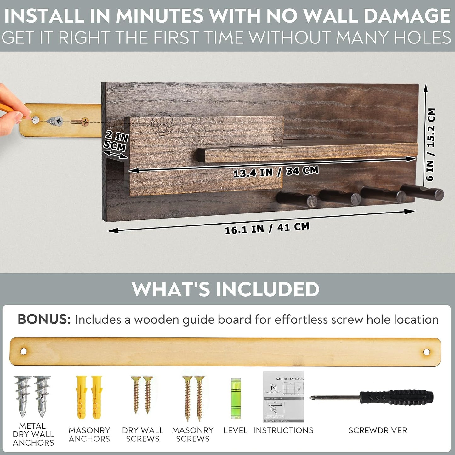 Solid Wood Mail and Key Holder for Wall Decorative Display - Includes Mail Holder, Shelf with Hooks for Keys & Pegs for Hanging Hats, Coats, Bags, Backpacks & More - Sleek Modern Design, Walnut Brown