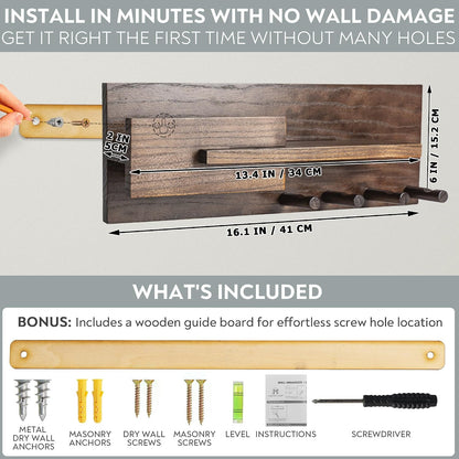 Solid Wood Mail and Key Holder for Wall Decorative Display - Includes Mail Holder, Shelf with Hooks for Keys & Pegs for Hanging Hats, Coats, Bags, Backpacks & More - Sleek Modern Design, Walnut Brown