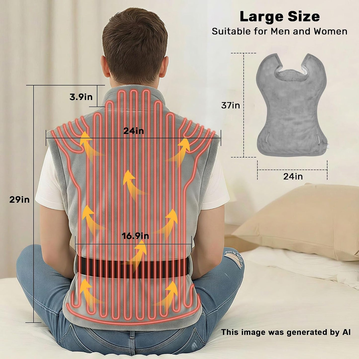 Heating Pad for Back Neck, and Shoulder, 38" x 26" Extra Large Electric Heated Wrap for Back Pain Relief, 3 Heat Settings, 11 ft Long Cord, Auto Shut Off King Size Hot Heated Pad