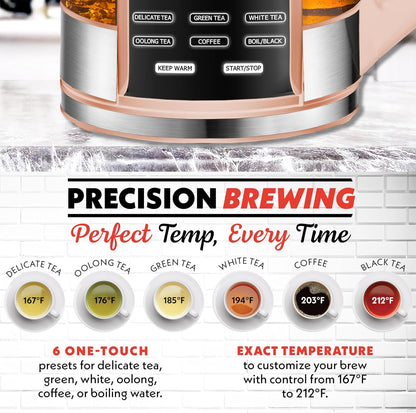 Gourmia Electric Glass Kettle – 1.7L Programmable Tea & Coffee Brewer with Digital Touch Display, 6 Presets, Removable Stainless Steel Infuser, Cordless with 360° Swivel Base, Black