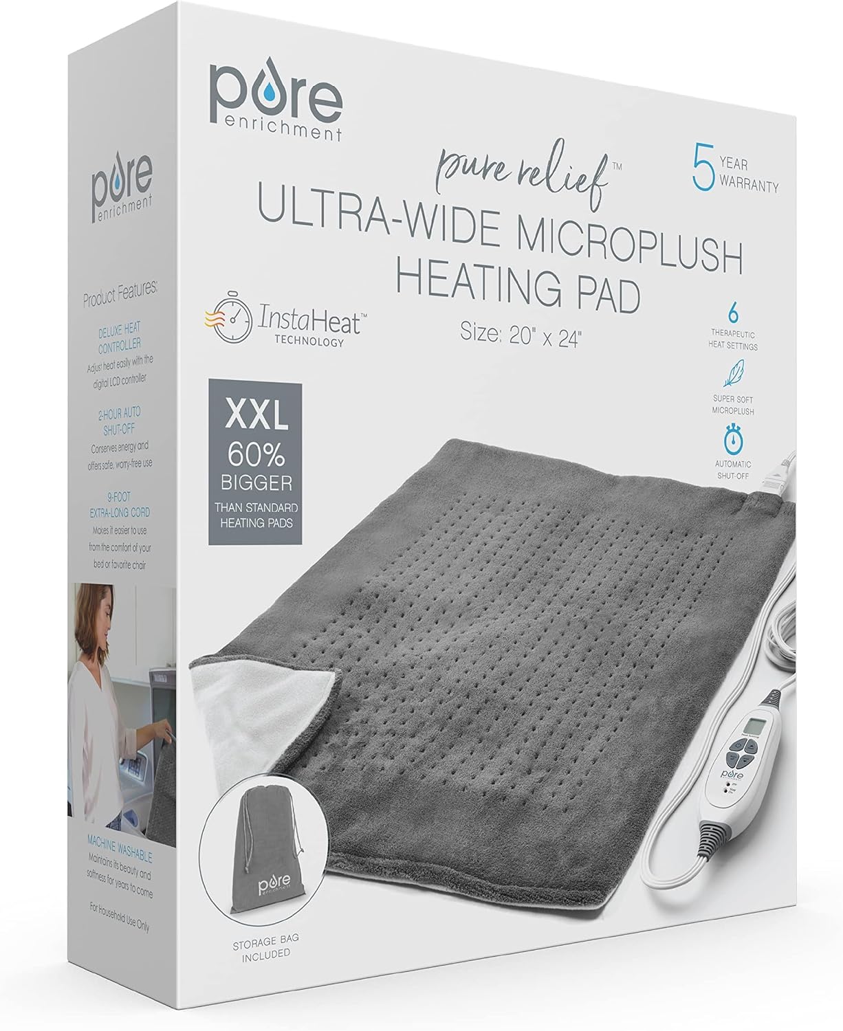 Pure Enrichment PureRelief Ultra-Wide Microplush Heating Pad - 20” x 24” XXL Size & 6 Heat Settings for Temporary Neck, Shoulder & Back Pain Relief - Moist Heat Option & Machine Washable (Gray)