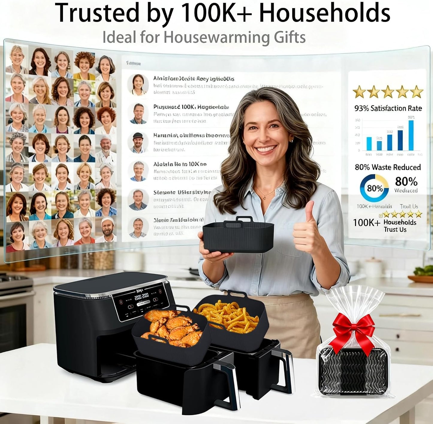 Silicone Air Fryer Liners for Ninja - Reusable DZ201 8QT Dual Basket - Rectangular 2-Pack Vacuum-Packed Easy-Clean Dishwasher-Safe Food-Safe for Home Chefs - Housewarming Gifts