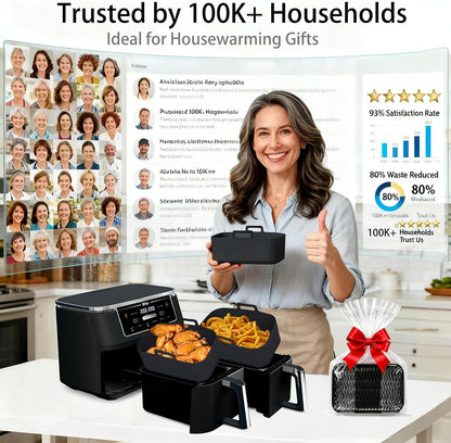 Silicone Air Fryer Liners for Ninja - Reusable DZ201 8QT Dual Basket - Rectangular 2-Pack Vacuum-Packed Easy-Clean Dishwasher-Safe Food-Safe for Home Chefs - Housewarming Gifts