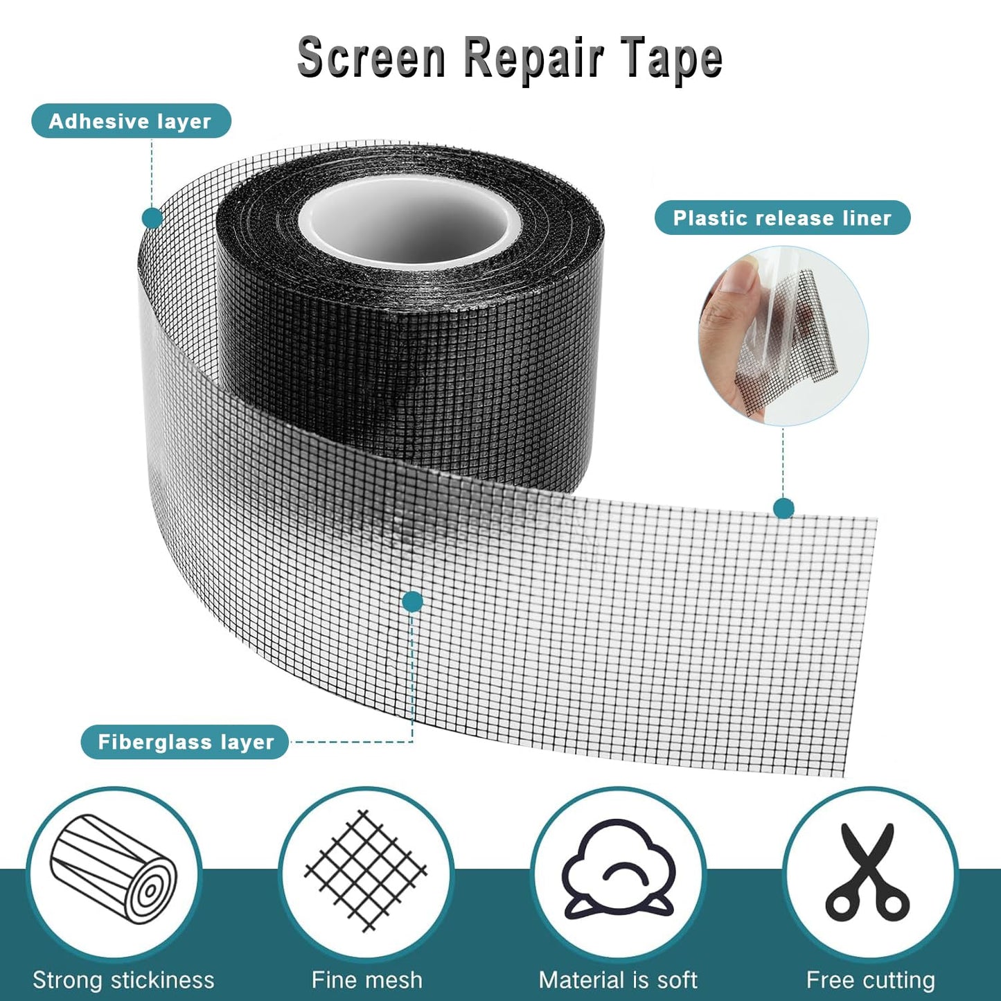 ACEBON Window Screen Repair Kit - 2"x80' Tape for Tears & Holes, Strong Adhesive Black Fiberglass Mesh