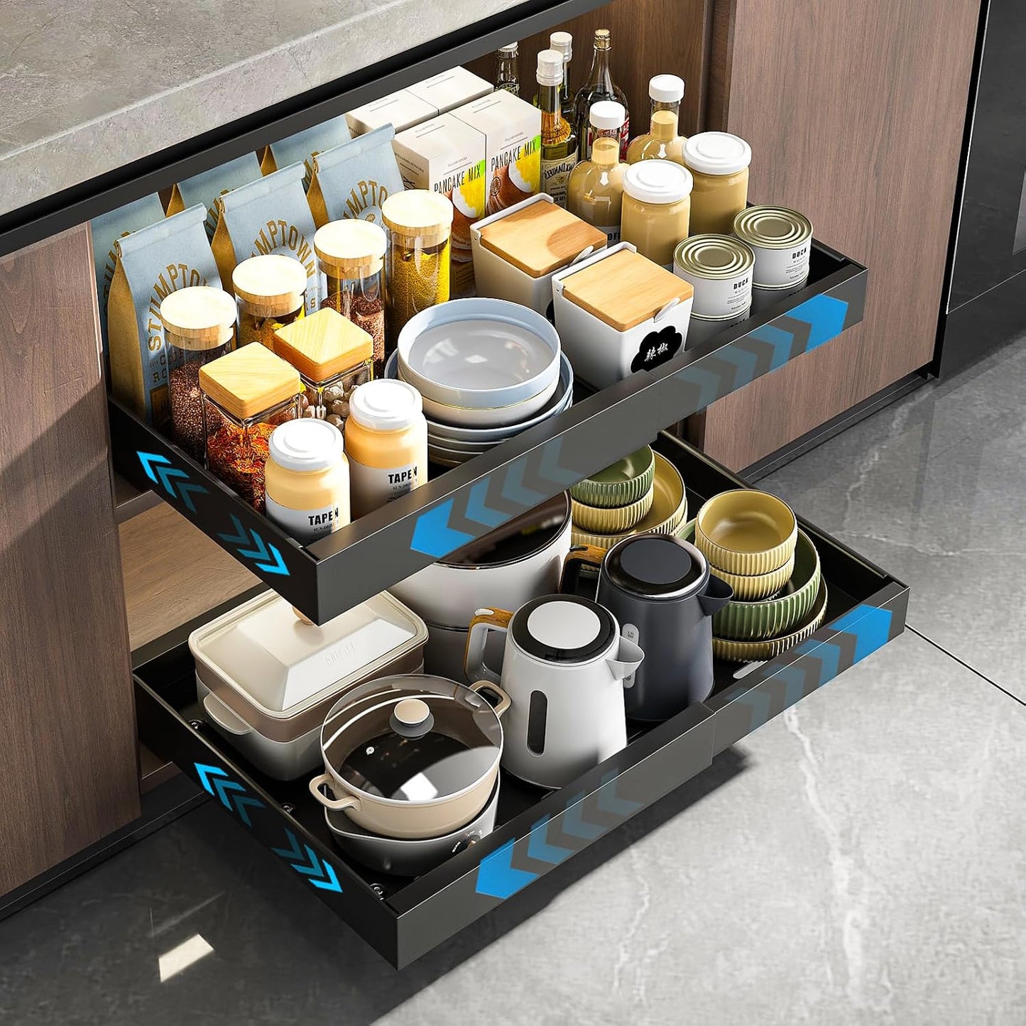Mustorn 2 Pack Pull Out Cabinet Organizer, Slide Out Drawers for Cabinets, Peel and Stick, Heavy Duty Shelves for Kitchen, Cupboard, Pantry, Bathroom (16.5"D*11.8"W*3.94"H-Black)