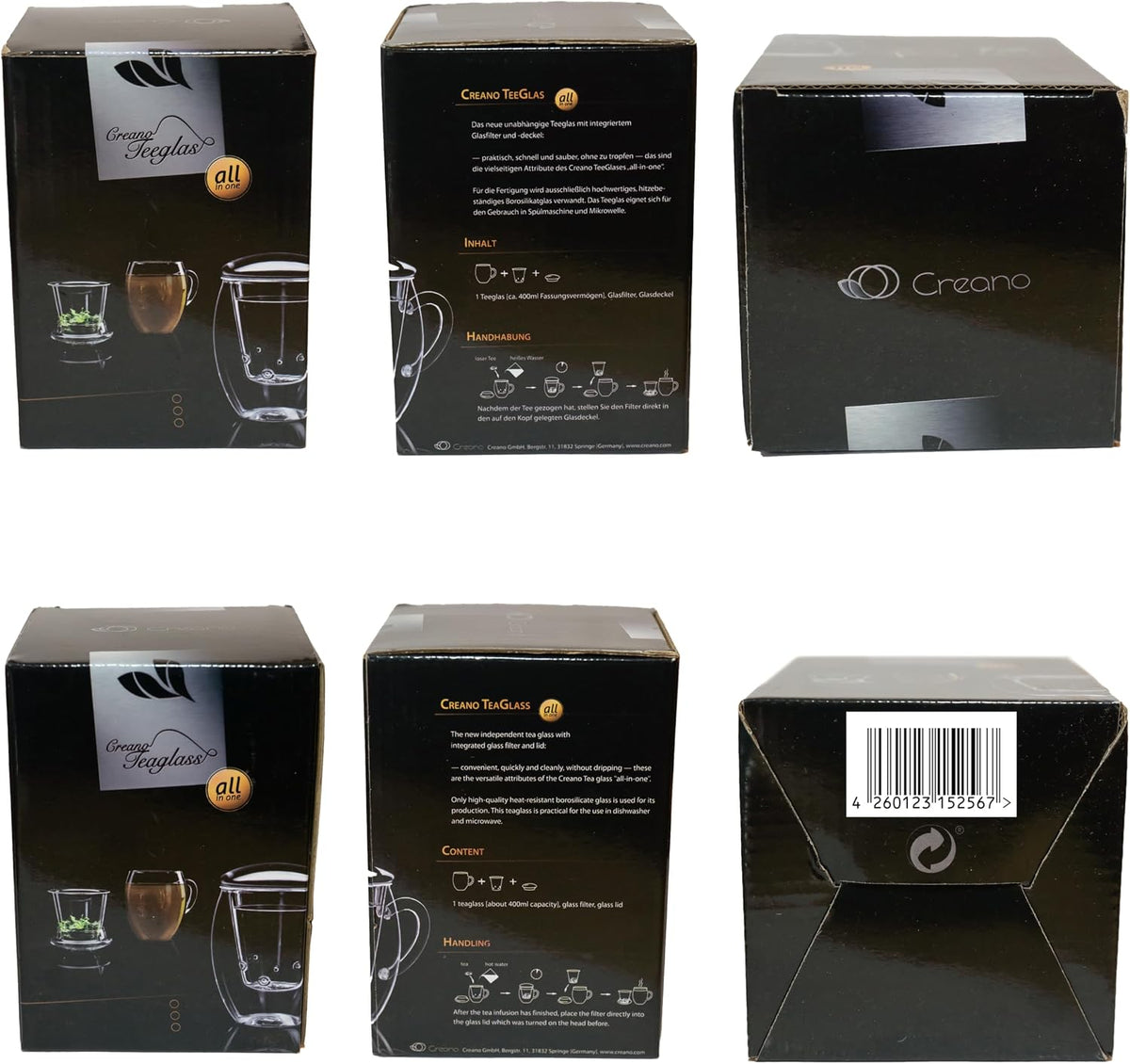 Creano Tea Glass with Infuser and Lid 400ml - Large Tea Cup - Microwave & Dishwasher Safe - Loose Leaf Tea Maker Gift Set
