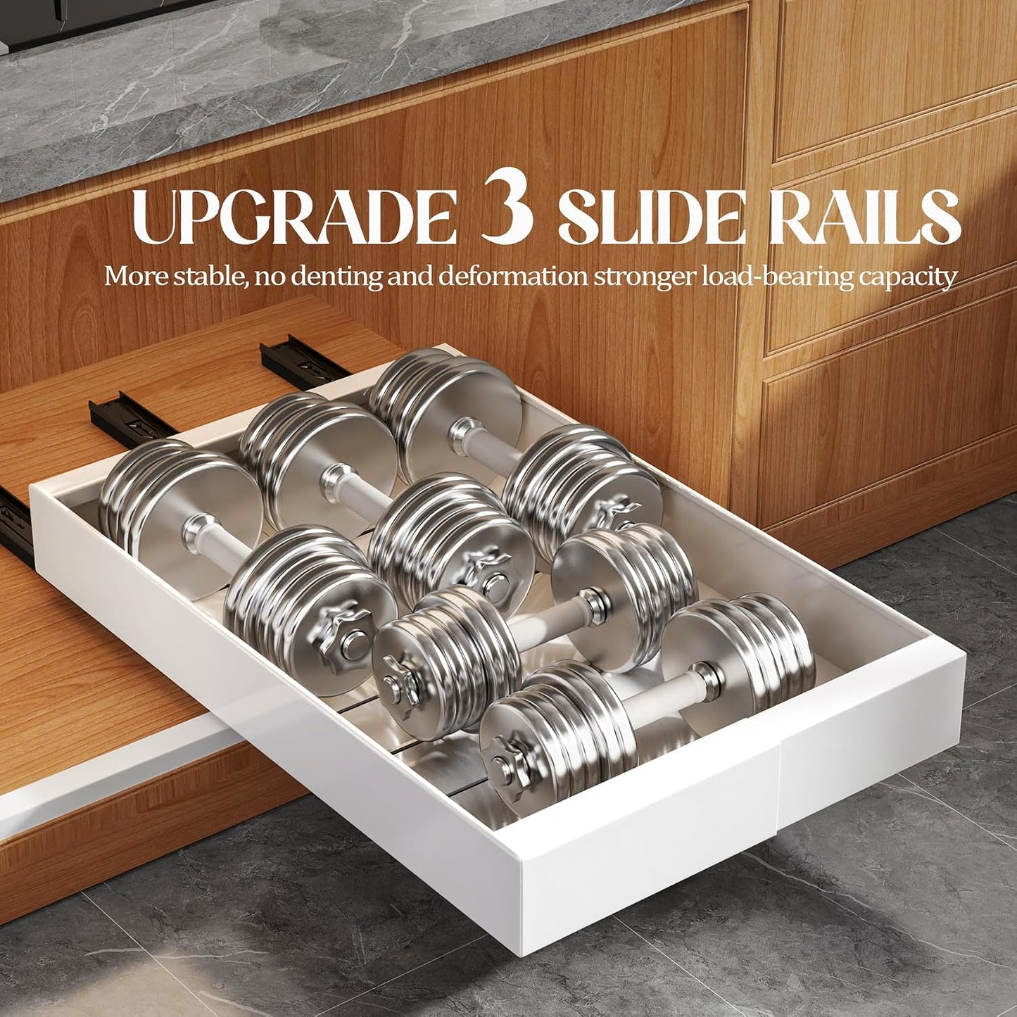 Seinloes 4 Pack Expandable Pull Out Cabinet Organizer 21"Deep With Raising Pad for Framed Cabinets,Upgrade 3 Slide Rails Slide Out Drawers,No Drill Roll Out Shelves,Adjustable Width 12.1"-20.4" White