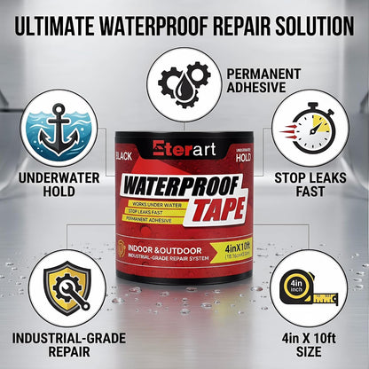 Waterproof Tape Black, Seal Repair for Roofs, Pool Liners & Pipes, 4"x10FT | Heavy Duty Rubberized Active Leaks, - All-Weather Emergency Patch Tool for Homeowners & Campers, Easy to Apply, Durable