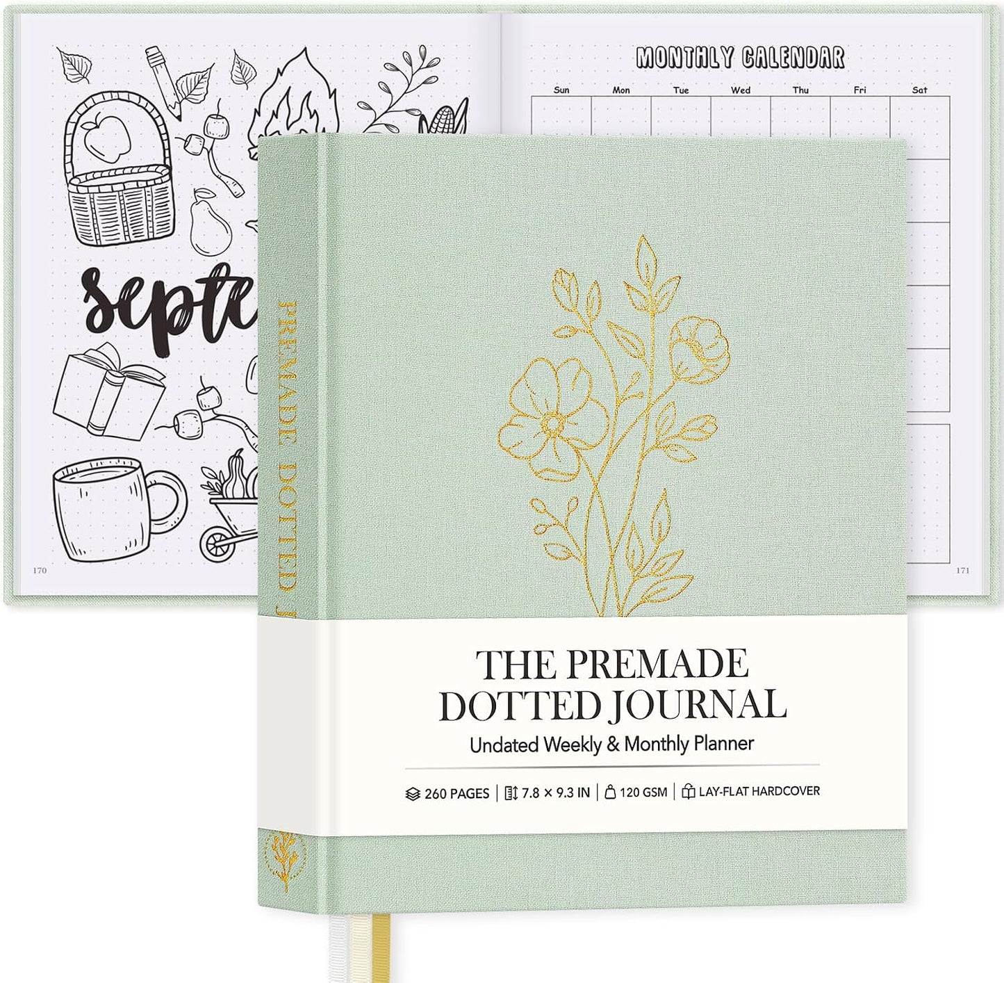Everloria Premade Dotted Journal, 12 Months Pre-made Templates Bullet Notebook, 260 Hand-Drawn Coloring Pages, Undated Weekly & Monthly Planner, 7.8"x9.3" Linen Dot Grid Habit Mood Tracker, Sage Green