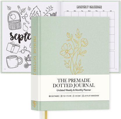 Everloria Premade Dotted Journal, 12 Months Pre-made Templates Bullet Notebook, 260 Hand-Drawn Coloring Pages, Undated Weekly & Monthly Planner, 7.8"x9.3" Linen Dot Grid Habit Mood Tracker, Sage Green