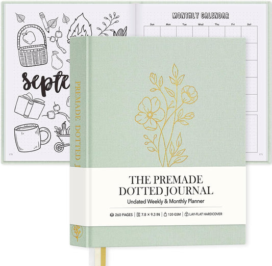 Everloria Premade Dotted Journal, 12 Months Pre-made Templates Bullet Notebook, 260 Hand-Drawn Coloring Pages, Undated Weekly & Monthly Planner, 7.8"x9.3" Linen Dot Grid Habit Mood Tracker, Sage Green