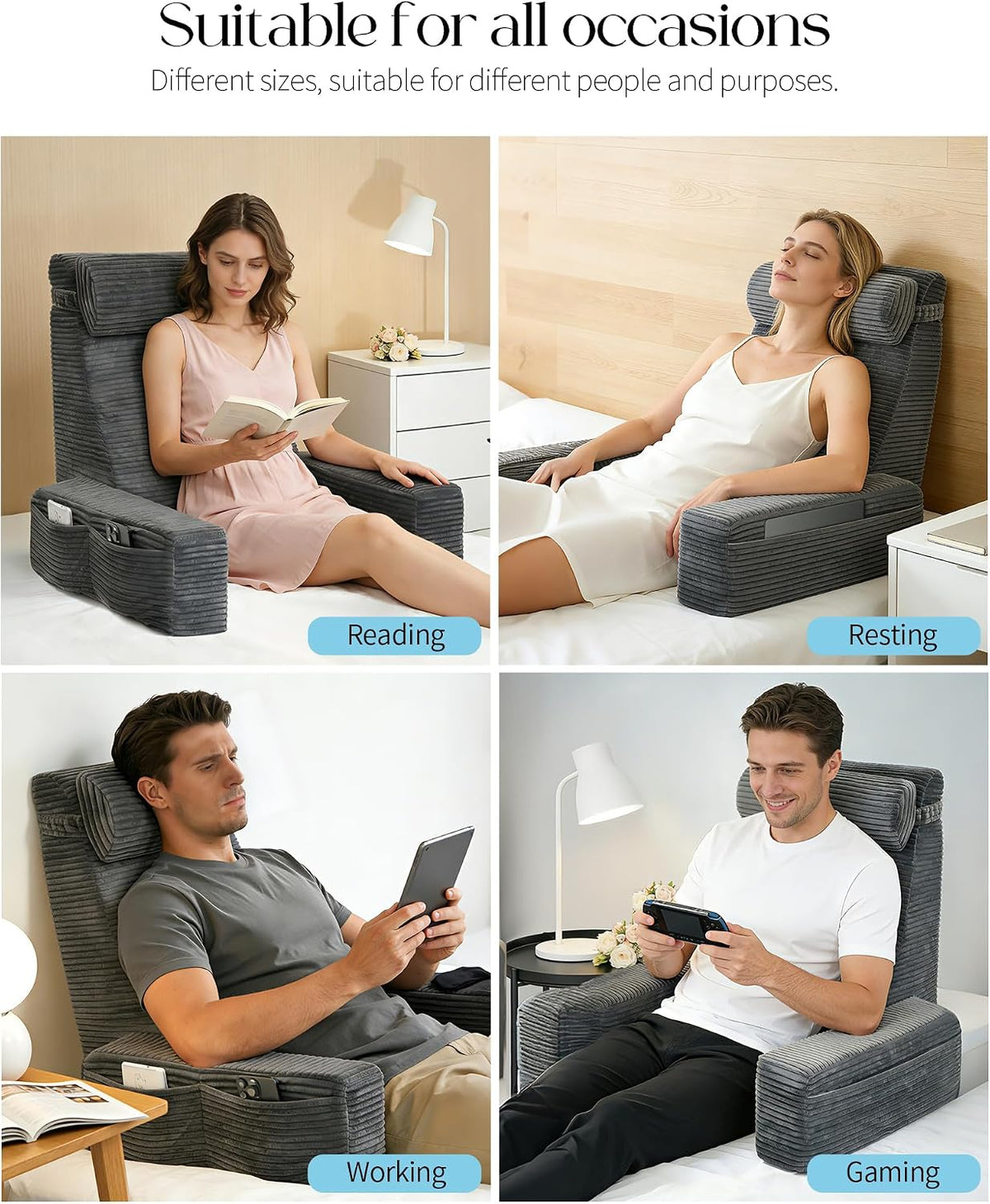 Seniny 22" Reading Pillow for Bed Adult - Back Support Pillow for Sitting Up Rest, Husband Bed Chair and Backrest Pillow with Arms, Lounge Sit Up Pillows for Dorm, Corner, Couch, Study, Watching TV