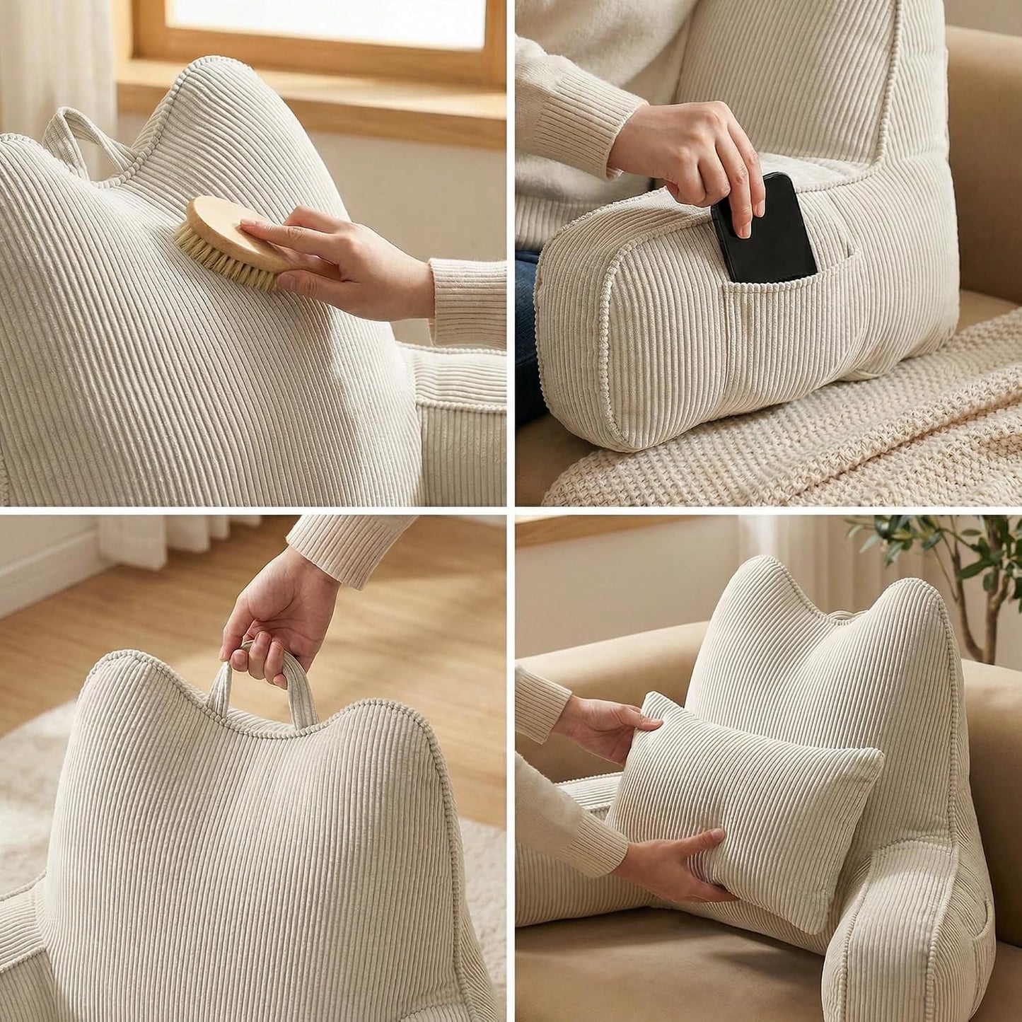 Patented Design Reading Pillow with Arms for Sitting Up, 2-in-1 Bed Rest Pillow with Detachable Lumbar Support, Backrest Support Cushion for Couch with Side Pockets & Handle, Beige Gray