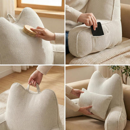 Patented Design Reading Pillow with Arms for Sitting Up, 2-in-1 Bed Rest Pillow with Detachable Lumbar Support, Backrest Support Cushion for Couch with Side Pockets & Handle, Beige Gray