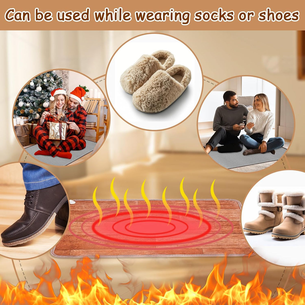 QOUBAI PVC 110V Heated Floor Mat Heater for Foot Warmer Under Desk 22 x 20 Inch Electric Heating Pad Energy Saving Carpet Pad Indoor Floor Heated Rug for Home Office Bathroom House Gray