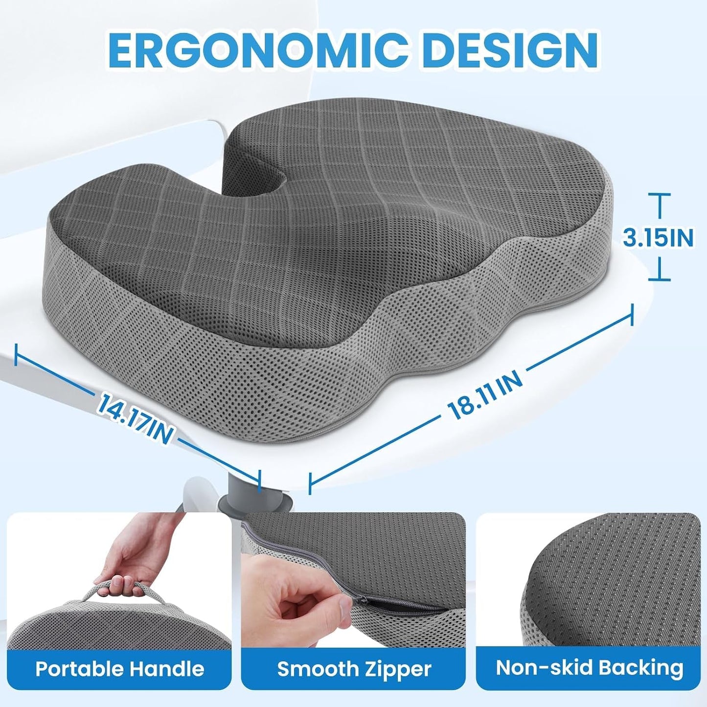 TushGuard Office/ Car Seat Cushion, Non-Slip Sciatica & Back Coccyx Tailbone Pain Relief Chair Pad, Memory Foam Butt Pillow for Computer Desk, Wheelchair, Driving (Black)