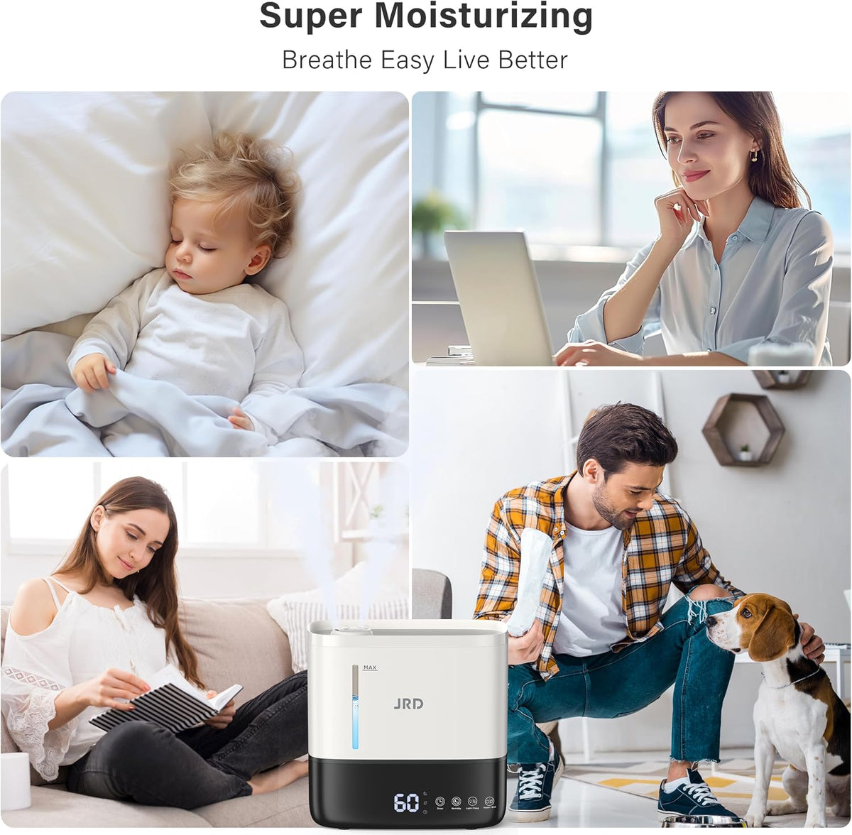 JRD Humidifiers 4L for Bedroom, Cool Mist Humidifier for Large Room, 40H Runtime, Night Light, 360° Nozzlefor Home, Office, Baby Nursery, Plants