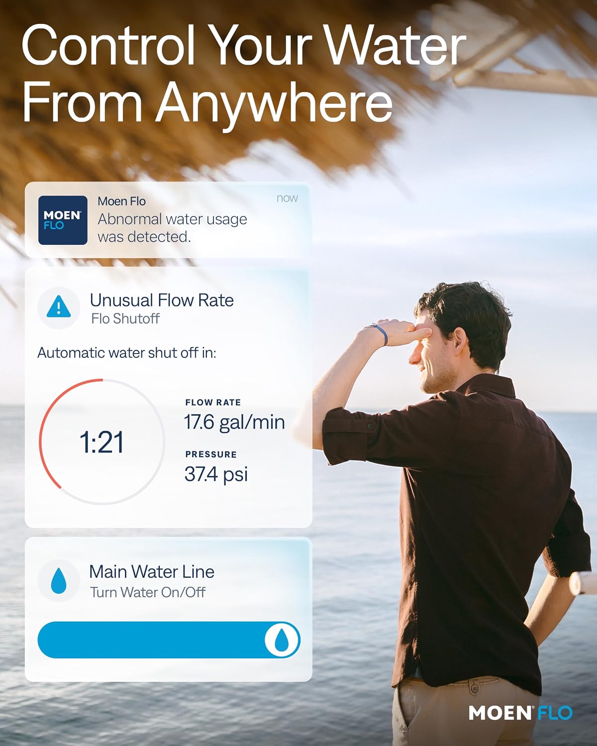 Moen Flo Shutoff, 3/4" Automatic Water Leak Detector & Shutoff, 900-001 | Automatic Shutoff, Leak Detection, MicroLeak Tests, Monitors Flow, Pressure, Moisture, and Temperature, WiFi App Control