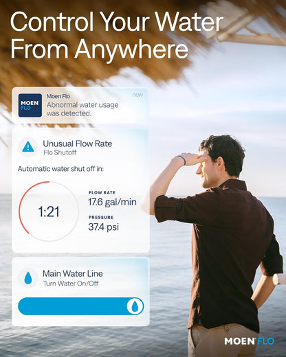 Moen Flo Shutoff, 3/4" Automatic Water Leak Detector & Shutoff, 900-001 | Automatic Shutoff, Leak Detection, MicroLeak Tests, Monitors Flow, Pressure, Moisture, and Temperature, WiFi App Control