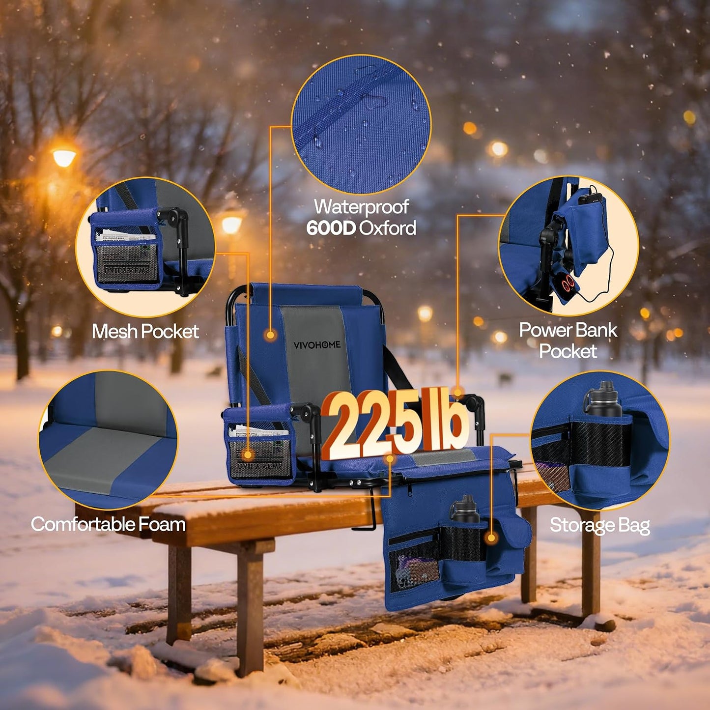 VIVOHOME 35W Padded Heating Stadium Seats with 20000mAh Power Bank, 2 Pack Heated Bleacher Chairs with Back Support, 3 Levels of Heat, Comfortable for Various Sports Events