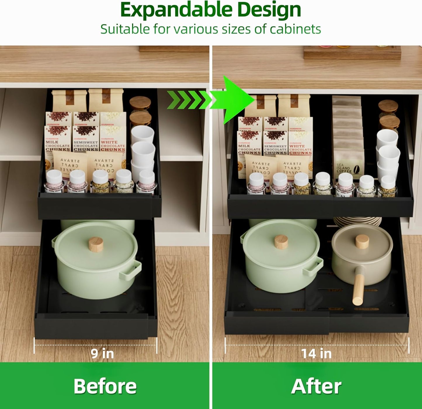 PAKETA 4 Pack Expandable Pull Out Cabinet Organizer,21" Deep | Pull Out Drawers for Cabinets with width from 12" to 20",Sliding Drawers for Cabinets with Upgrade 3 Slide Rails,hold 65 lbs