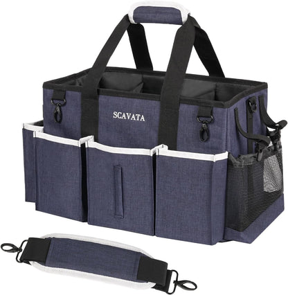 SCAVATA Wearable Cleaning Caddy Bag, Cleaning Caddy Supplies Organizer with Handle & Shoulder Straps for Housekeepers, Under Sink & Car Cleaning Tool Organizers with 4 Foldable Divider (Lake Blue)