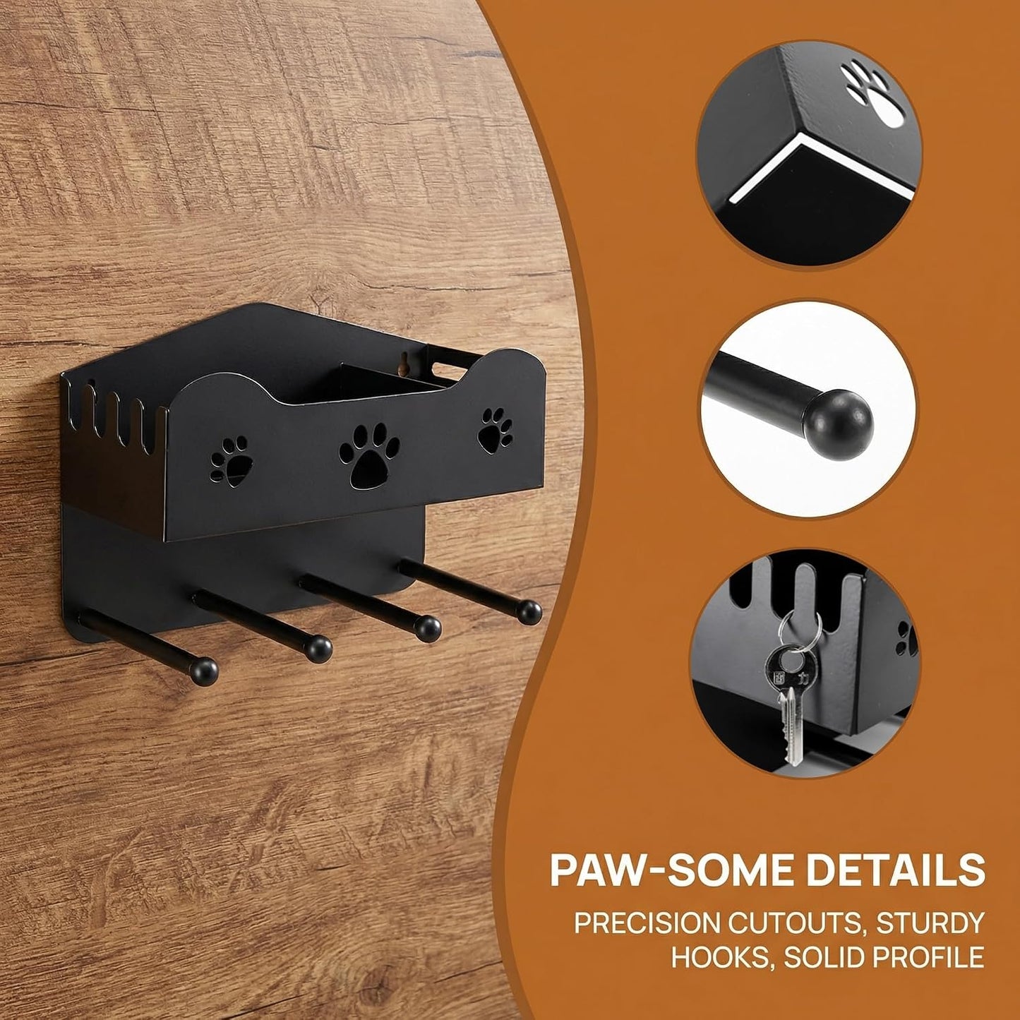 Dog Leash Holder for Wall, Dog Accessories Organizer with 4 Hook, Black Dog Leash Hanger with Shelf Storage, Metal Wall Mounted Key Holder for Pet Collar, Training Treats, Poop Bag, Home Decor