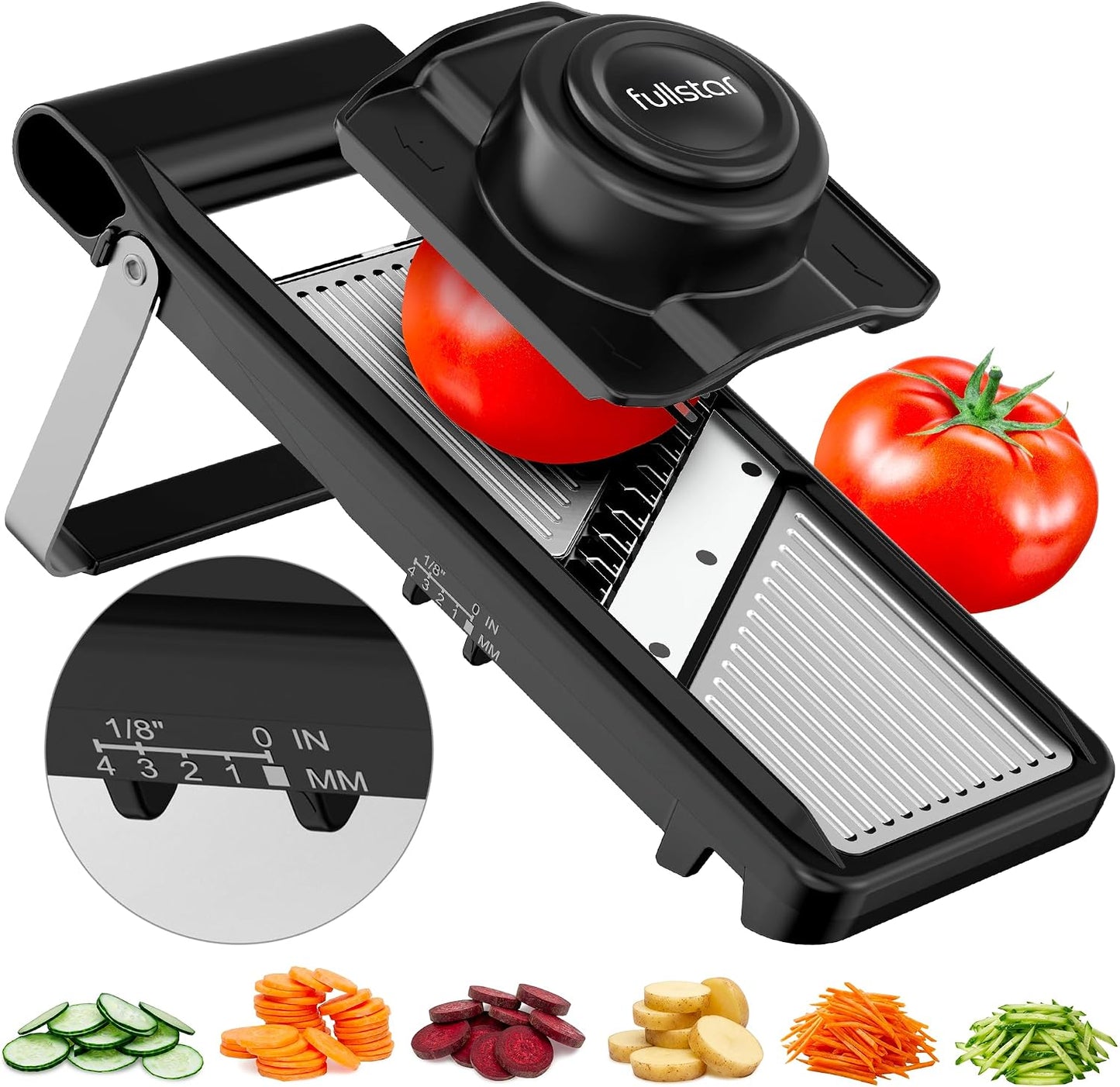 Fullstar Essential Vegetable Chopper & Mandoline Slicer | 2 in 1 Compact Food Chopper, Fruit Slicer & Onion Dicer with Stainless Steel Blades & 3-Cup Container (Black)