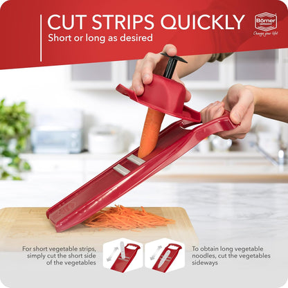 Börner Roko PowerLine Vegetable Slicer Set (2-piece) • Fine Julienne Cutter for Fruit and Vegetables + Safety Guard • Julienne Slicer • Mandoline Slicer Set • Kitchen Slicer (Red)