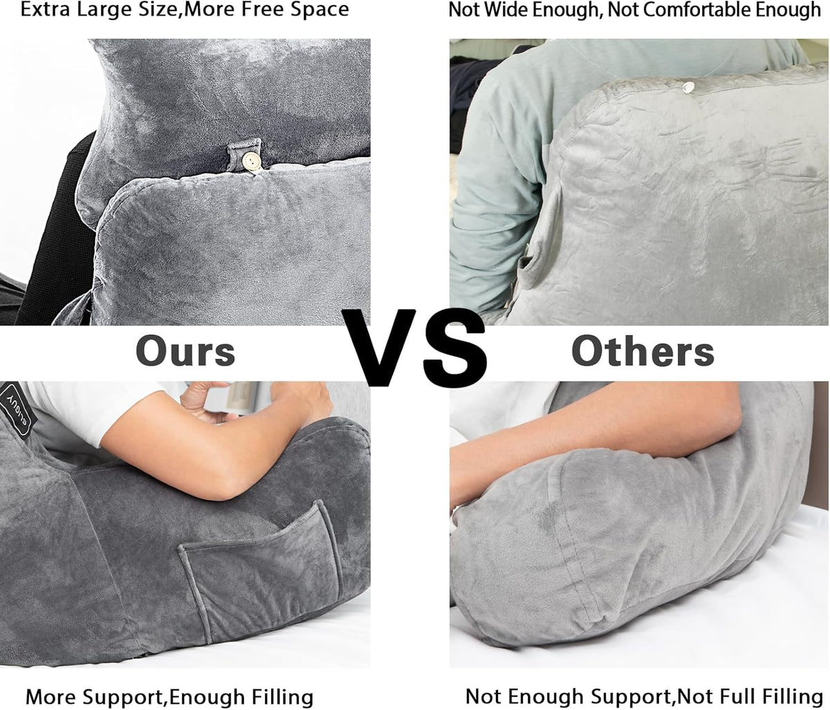 SLIGUY Reading Pillow for Sitting in Bed Couch Adult, Back Pillow with arm Support and Pockets, Adult Back Pillow Bed Chair for Bed Rest, Reading, Watching TV, Gaming for Boys and Girls Dark Grey