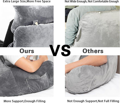 SLIGUY Reading Pillow for Sitting in Bed Couch Adult, Back Pillow with arm Support and Pockets, Adult Back Pillow Bed Chair for Bed Rest, Reading, Watching TV, Gaming for Boys and Girls Dark Grey