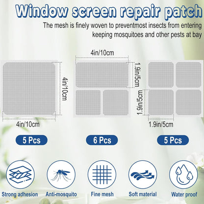 16pcs Fiberglass Screen Repair Patches 3 Sizes Gray Self Adhesive Mesh Tape | Fast Repair Tape for Window, Screen Door & Mosquito Net, Instant Patch to Fix Small Holes and Tears Easily