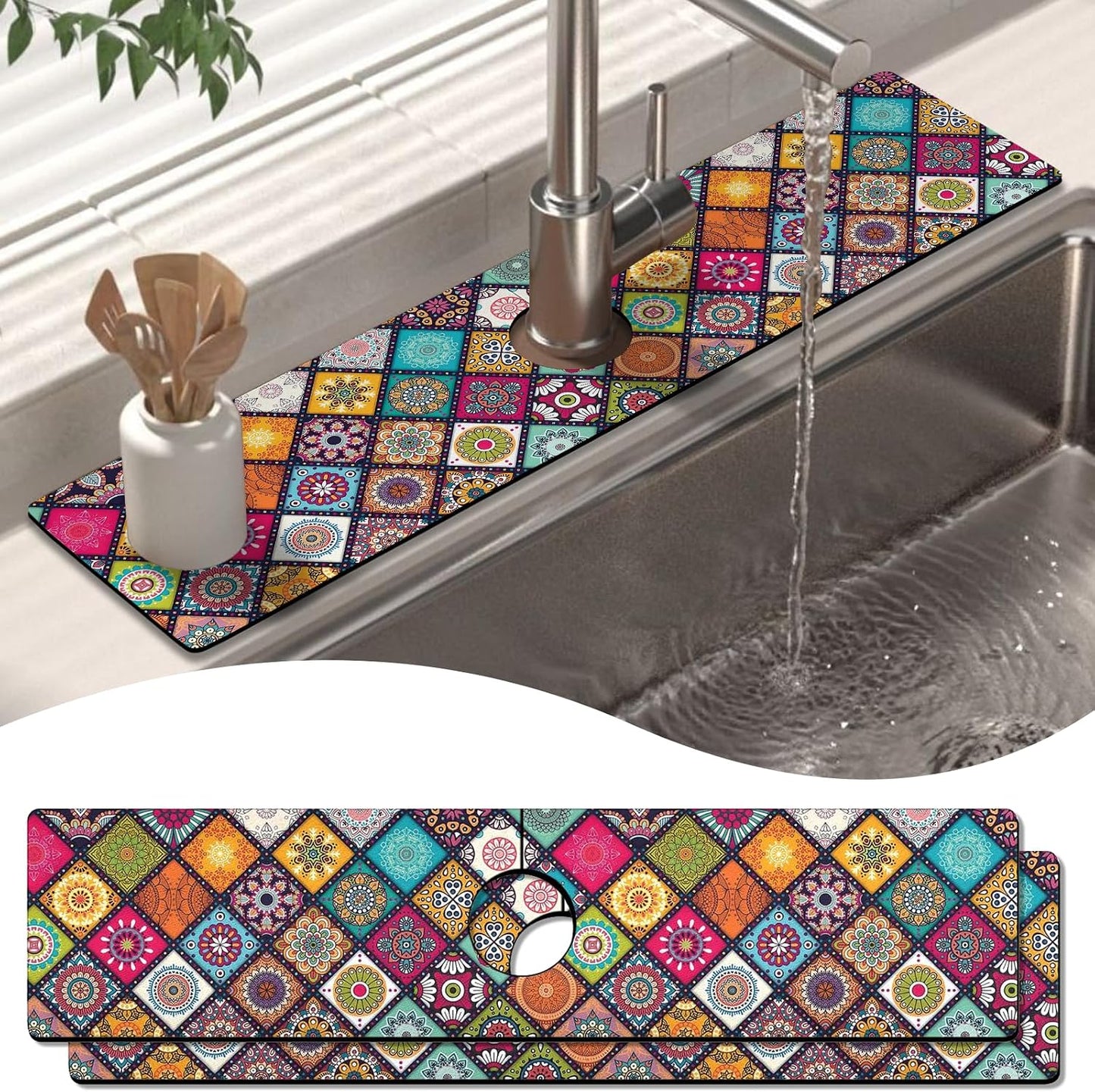 Kitchen Sink Splash Guard Faucet Mat 24" X 5.5" Tropical Leavesl Absorbent Fast Drying Mat Faucet Draining Mat Sink Splash Guard Behind Faucet Drip Catcher for Kitchen Bathroom