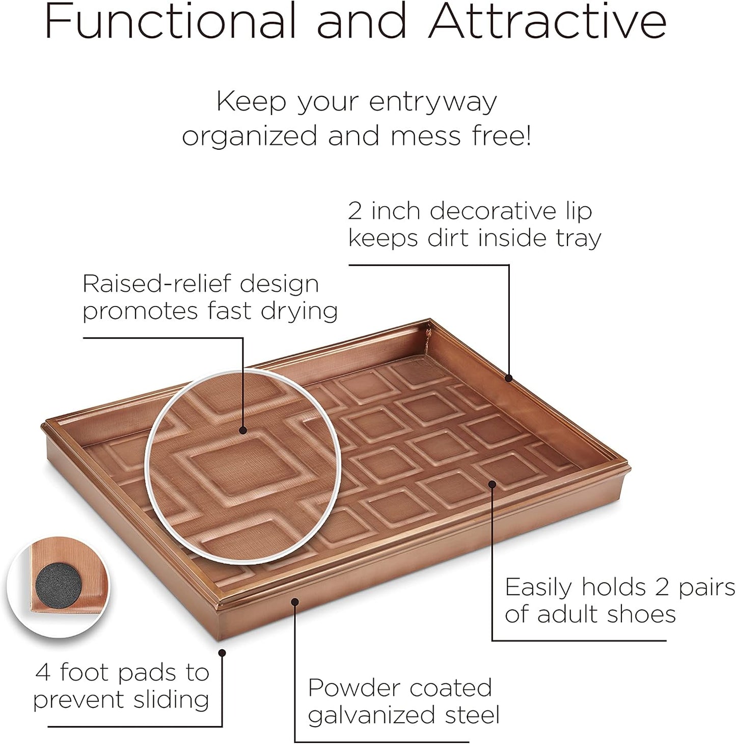 Good Directions 20″ x 14″ Decorative Squares Design Metal Boot Tray – Galvanized Steel with Copper Finish, Multi-Purpose Shoe, Plant & Pet Bowl Tray