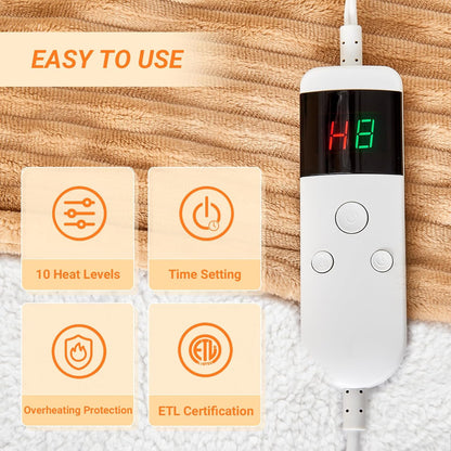Heated Blanket Electric Throw, Soft Flannel Heating Blanket with 8 Hours Auto Off 10 Fast Heating Levels Machine Washable Sherpa Heated Blanket with Overheating Protection