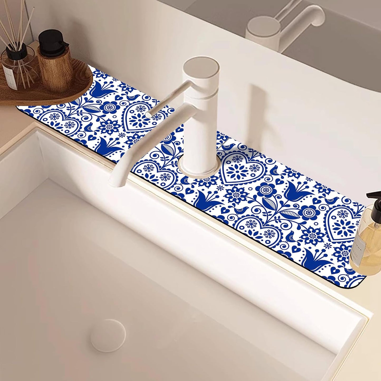 Abstract Watercolor Leaves Sink Faucet Absorbing Mat Sink Splash Guard Faucet Mat Draining Mat Fast Drying Sink Protectors for Kitchen and Bathroom 5.5"×15"