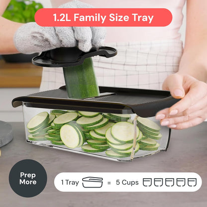Fullstar Pro Mandoline Vegetable Slicer, Grater & Spiralizer with Container | 6 in 1 Fruit Cutter, Cheese Grater & Spiralizer with Safety Gloves, Stainless Steel Blades & Container (Black)