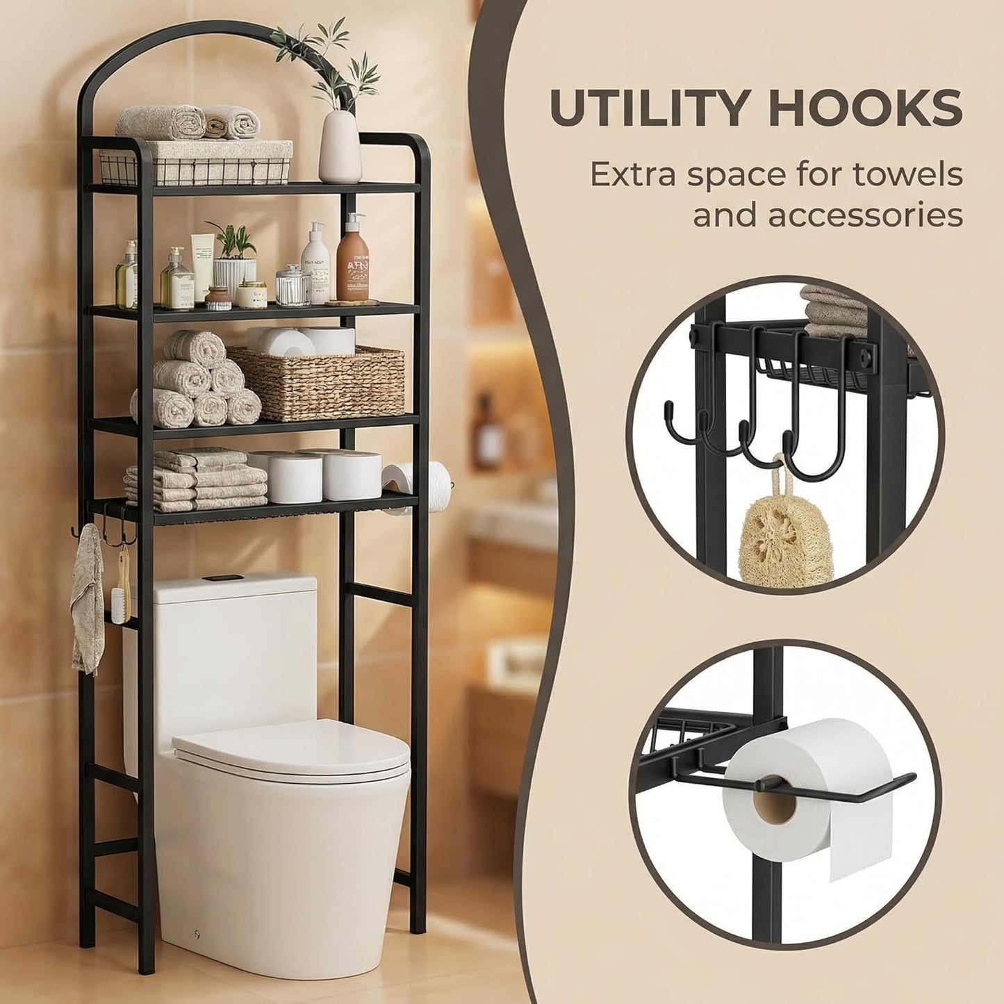 3 Tier Over The Toilet Storage Rack, Bathroom Organizer | Toilet Storage with 4 Hooks & Paper Holder, Space-Saving, Freestanding Bathroom Shelf, Metal, White