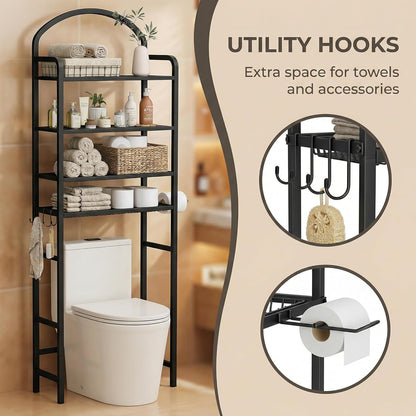 3 Tier Over The Toilet Storage Rack, Bathroom Organizer | Toilet Storage with 4 Hooks & Paper Holder, Space-Saving, Freestanding Bathroom Shelf, Metal, White