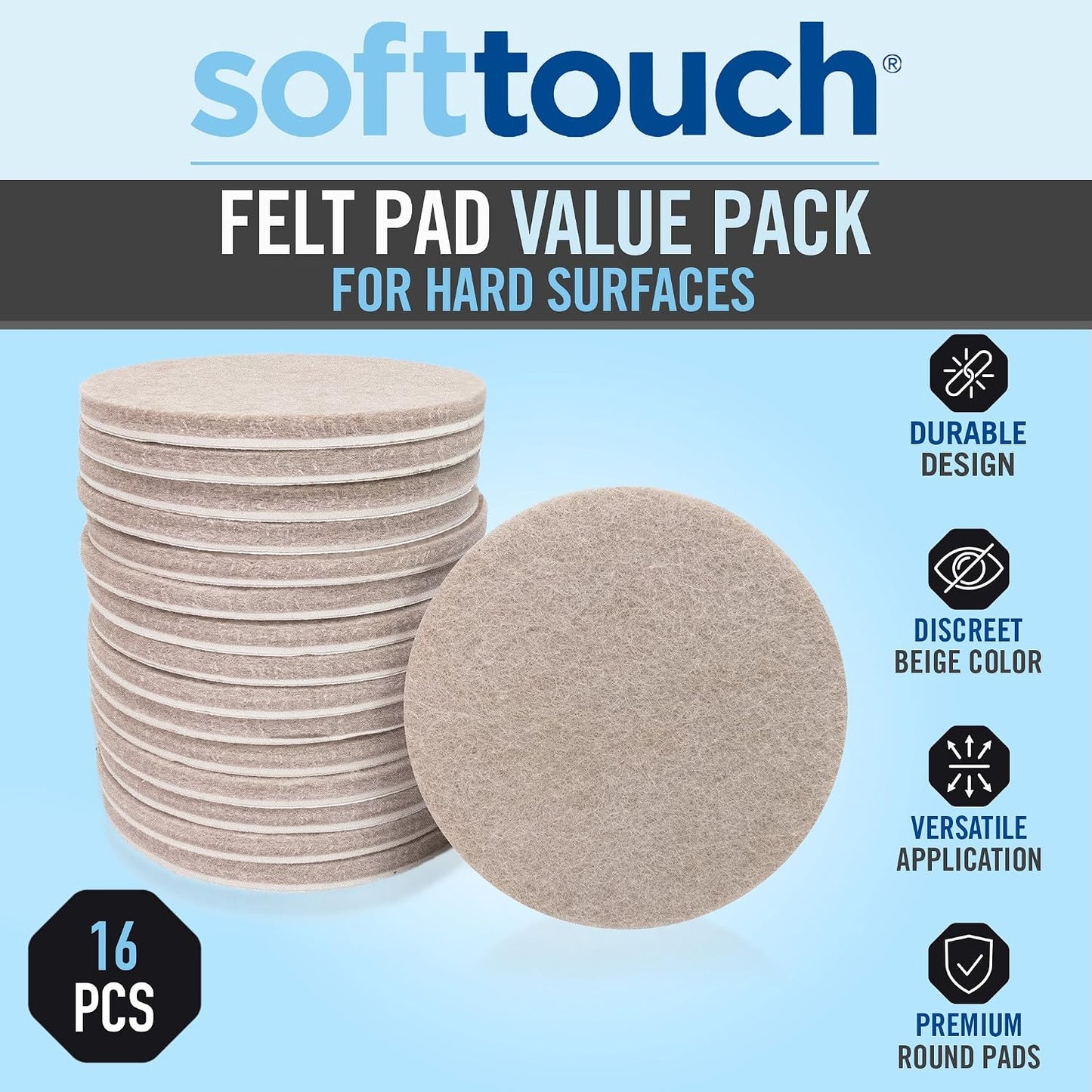 SoftTouch 1.5" Round Reusable Felt Furniture Sliders for Hard Surfaces, Noise-Reducing Adhesive Furniture Moving Pads for Beds, Sofas, Dressers, Set of 24, Beige