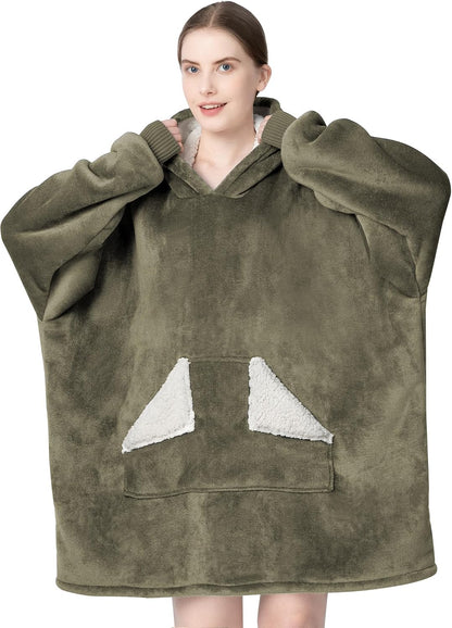 Wearable Blanket Hoodie, Oversized Sherpa Fleece Sweatshirt Blanket with Giant Hood Pocket and Sleeves for Adult, Warm & Cozy Grey Blanket Gifts for Women