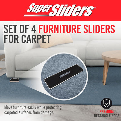 Super Sliders 2-1/2" x 9" XL Rectangle Reusable Furniture Sliders for Carpet, Anti-Slip Protective Furniture Moving Pads for Beds, Sofas, Dressers, Set of 4, Beige