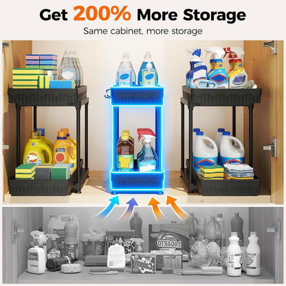 3-Pack 2-Tier Under Sink Organizers with Sliding Drawers | Multi-use kitchen & bathroom storage, 12.8 inch black cabinet organizer, space-saving sliding drawer design.