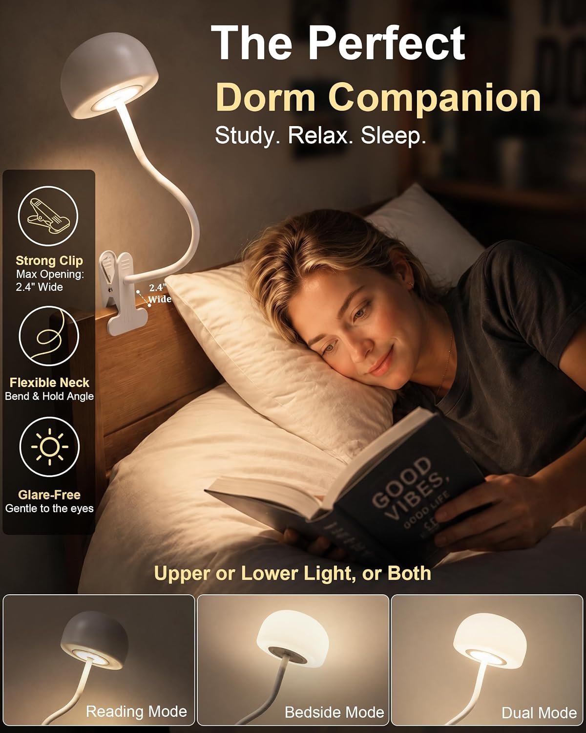 Clip on Light for Bed, Headboard Reading Lamp, Dorm Room Essentials | Flexible Mushroom Desk Lamp, Top & Bottom Lighting, 3 Colors Modes+670nm Red Light LEDs, 5 Brightness,Timer, Adapter Included